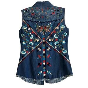 Tasha Polizzi Embroidered Denim Western Sleeveless Shirt M